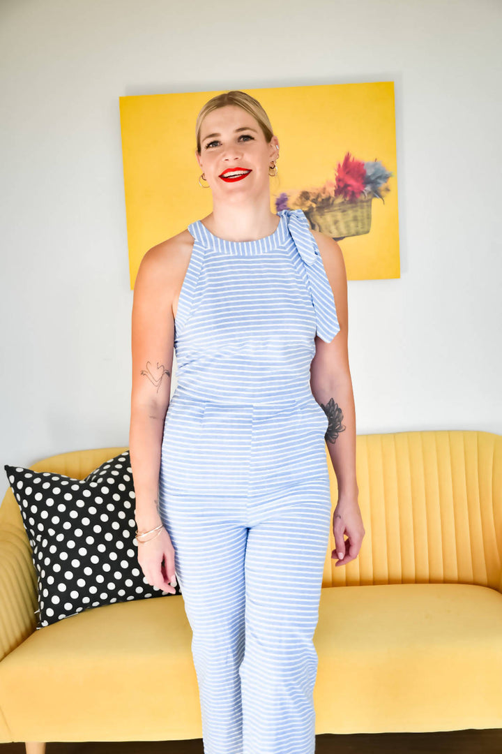 Image of Bowed Striped Jumpsuit