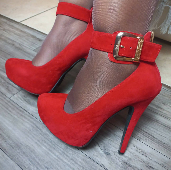 Image of Red Suede Heels With Gold Buckel And Zip