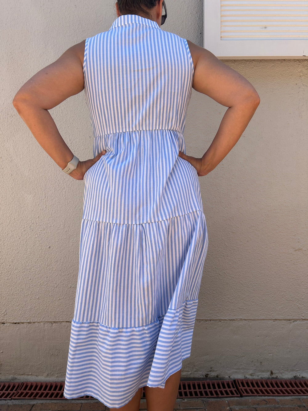 Image of Striped Print Notched Neck A-line Dress