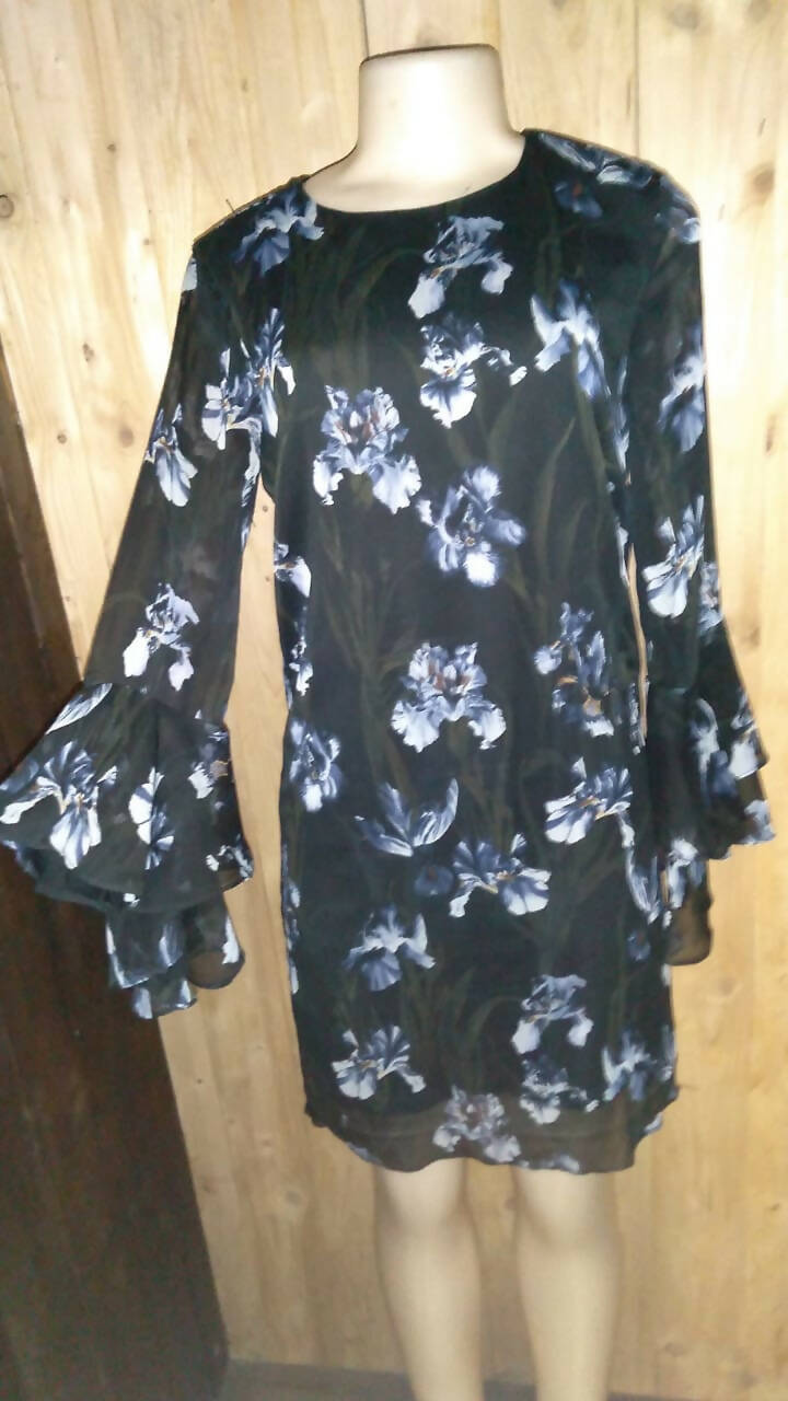 Image of H&M Floral Lined Dress With Long Layered Bell Sleeves 
