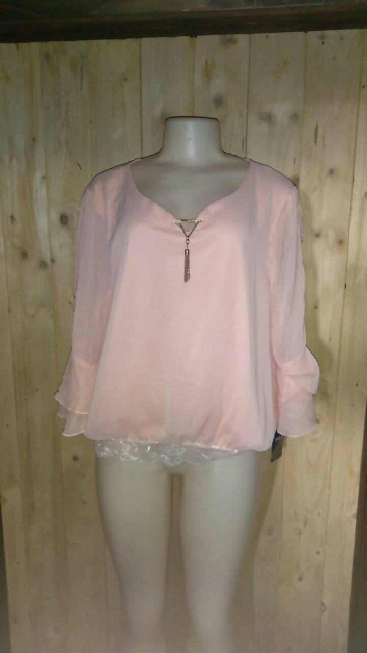 Image of Judy'S Pride Peach Chiffon Blouse With Lace Trim And Bell Sleeves 