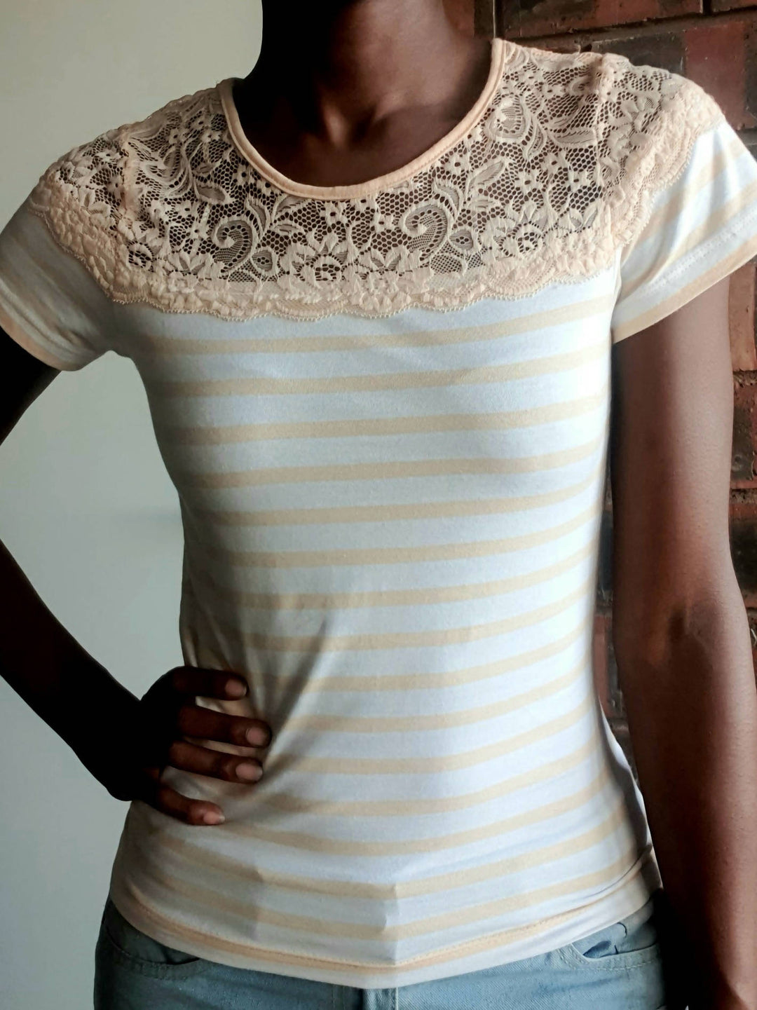 Image of Striped T-Shirt With Lace Detail