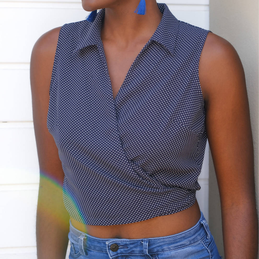 Image of Blue Polka Dot Collared Top